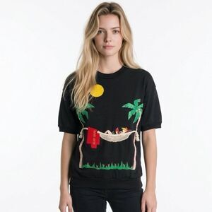 DUET | Vintage Black Tropical Hammock Island Beach Tee Women’s Size Small